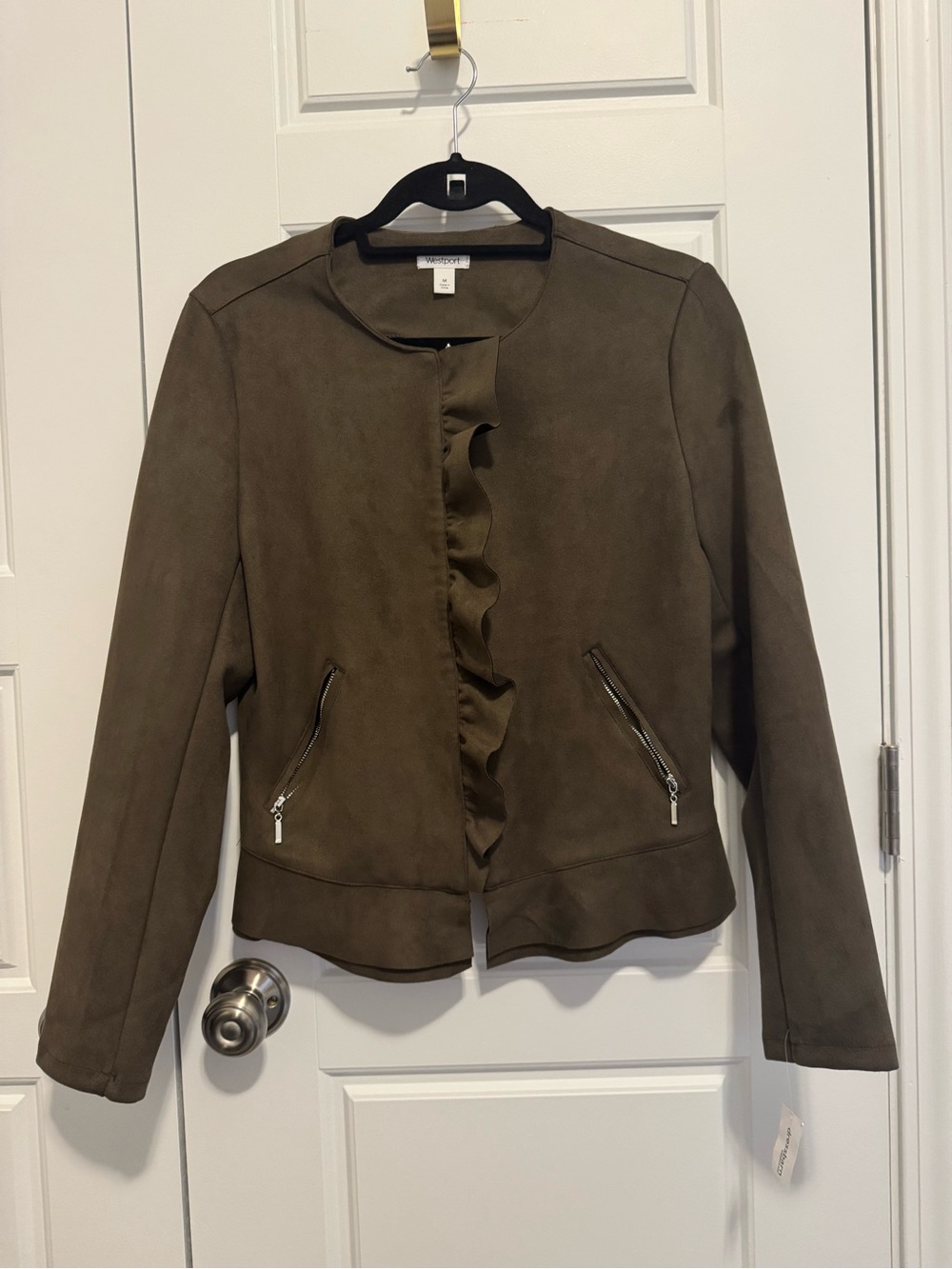 Westport Olive Faux Suede Ruffle-Front Jacket